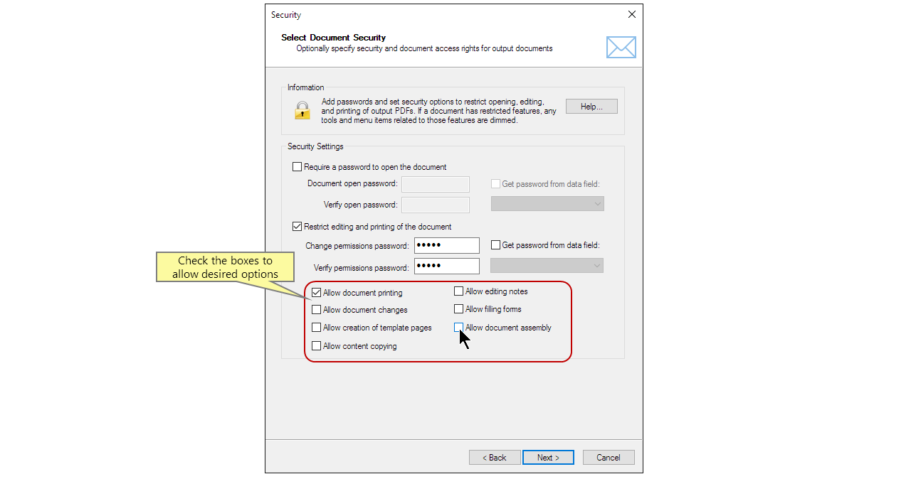 Specify allowed PDF features